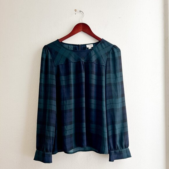 J. CREW Black Watch Plaid Top with Piping Tartan Blouse SZ M - Picture 2 of 5